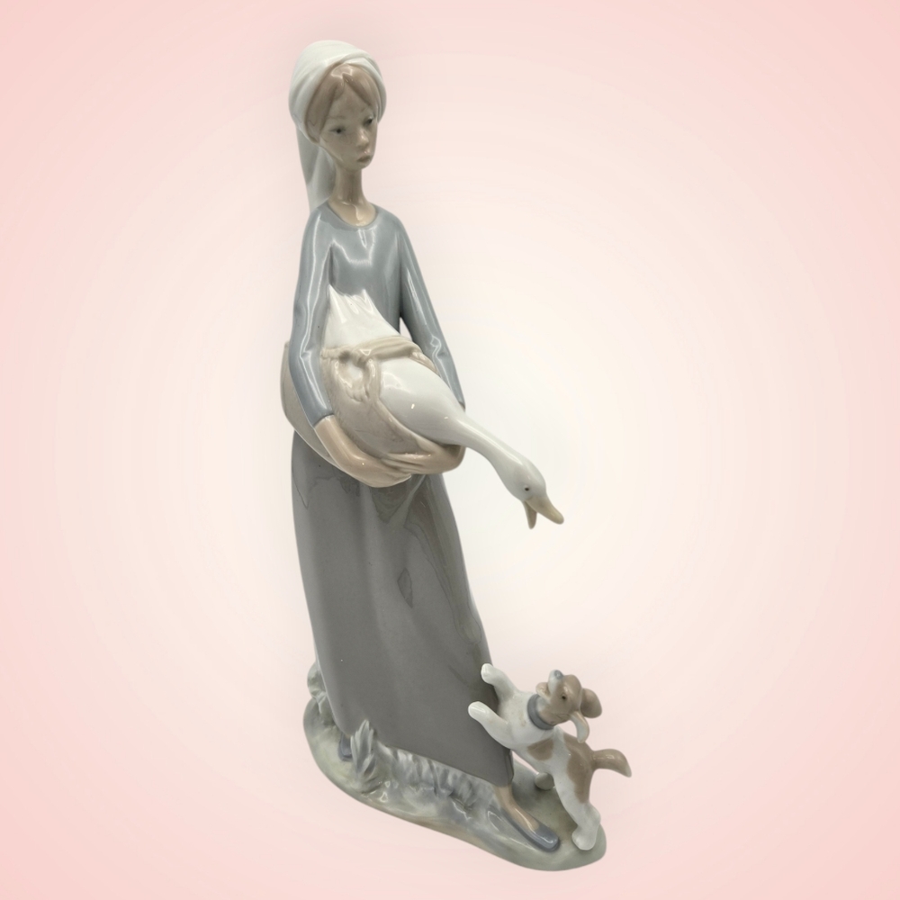 VTG Nao By Lladro Porcelain Girl with Goose Dog Figurine
